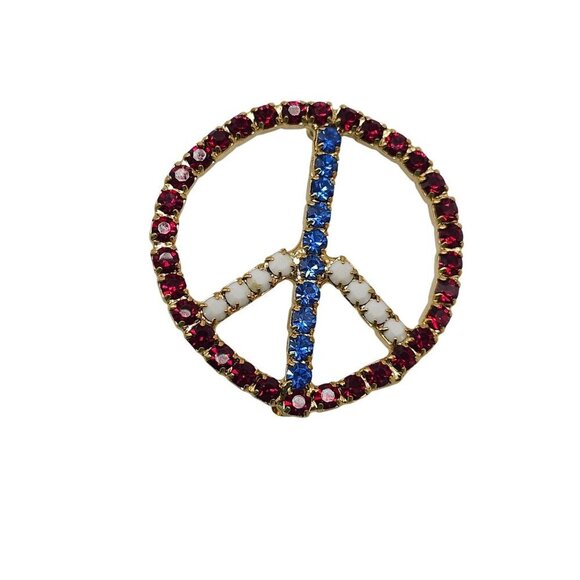 Estate Jewelry - Vintage Gold Tone Patriotic Rhinestone Peace Symbol Brooch Pin